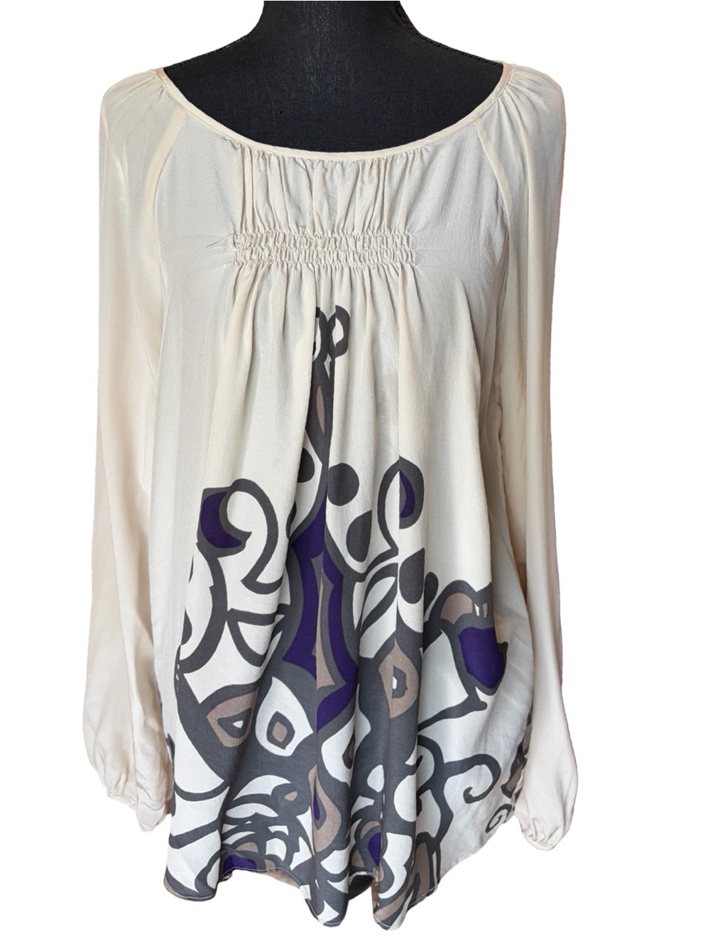 Tea & Honey 100% Silk Peasant Blouse Size Large Boho Cream Purple Print